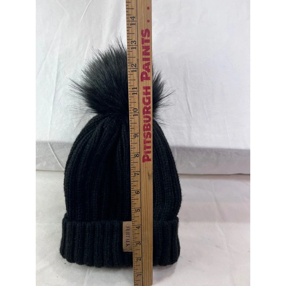 FURTALK Women Black Ribbed Knit Beanie Faux Fur Pom Pom Winter Hat